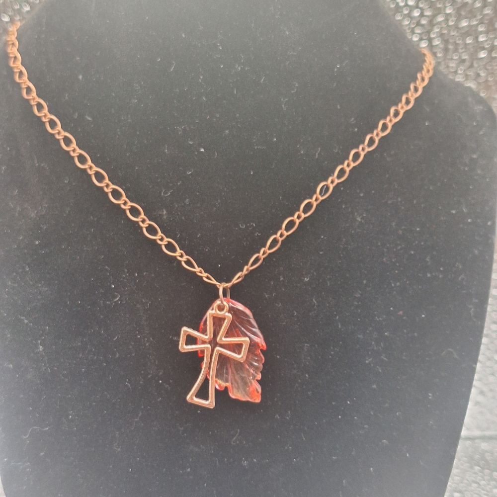 Handmade Copper Cross and Lucite Feather Necklace